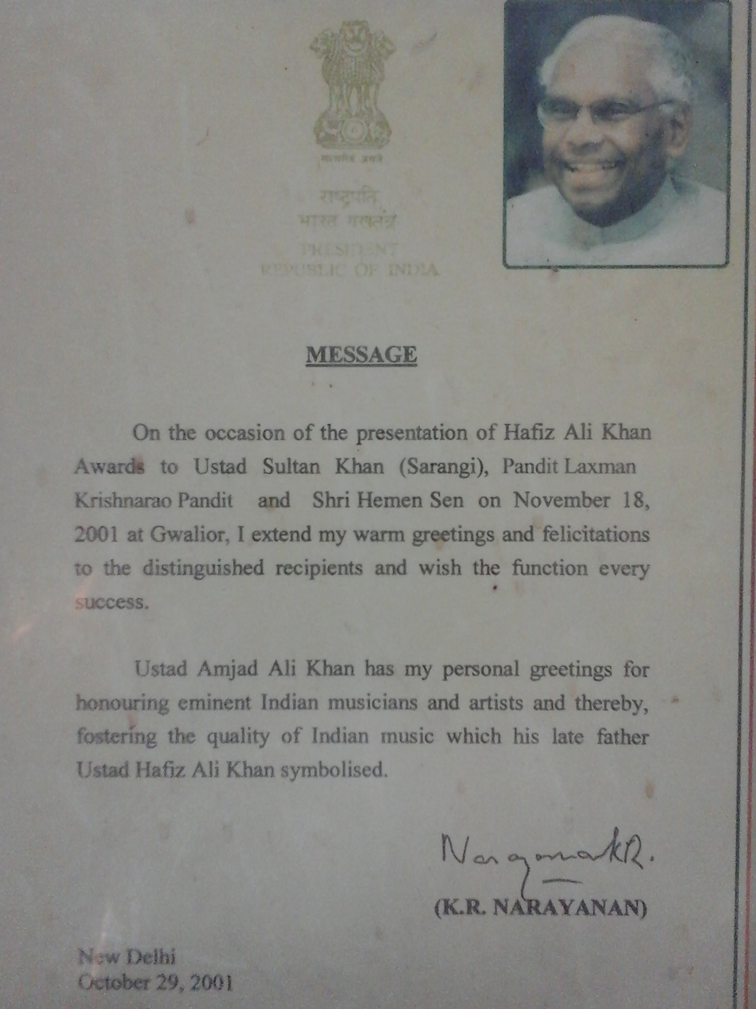 Letter from then President Shri K R Narayanan